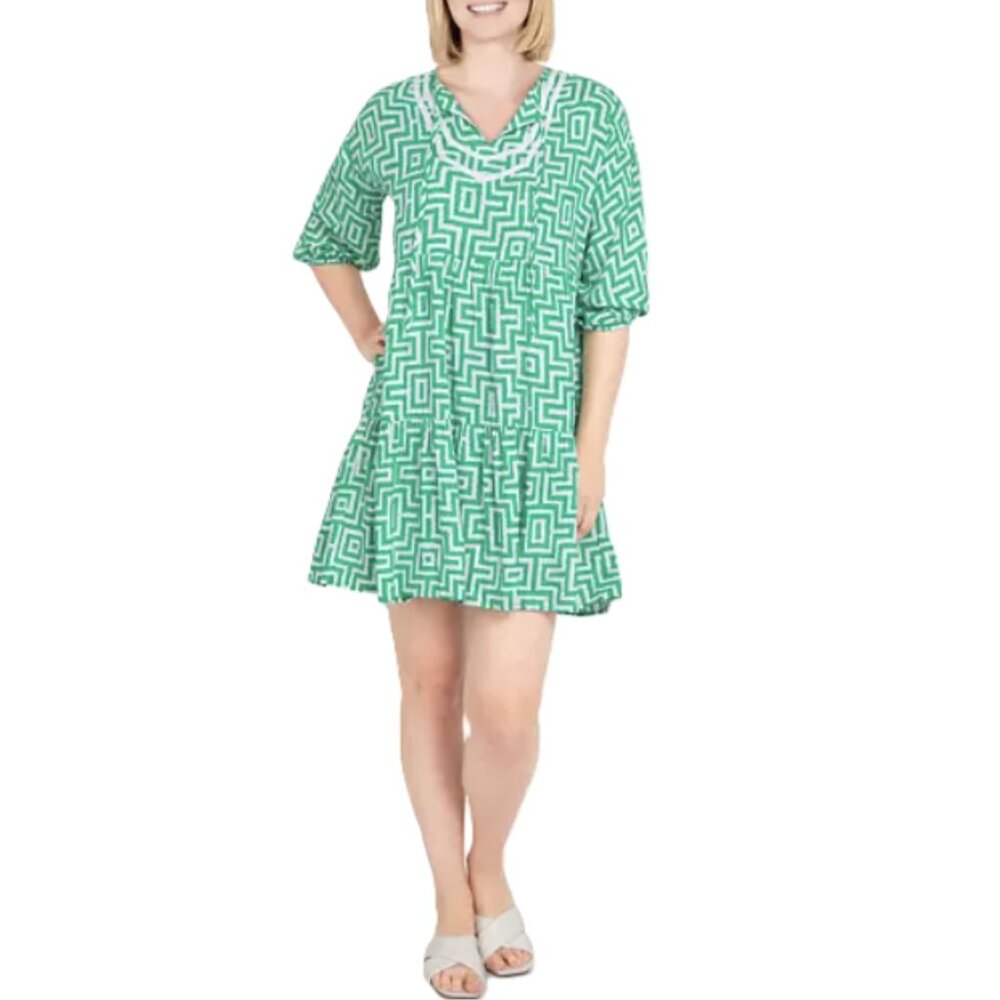 Ruby Rd. dress Women's XL Green white trellis print Split neck 3/4 puff sleeves